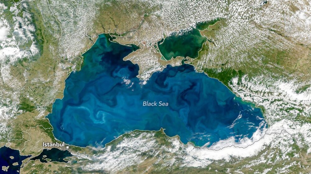 NASA PACE satellite image of turquoise coccolithophore bloom in the Black Sea