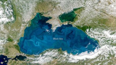 NASA PACE satellite image of turquoise coccolithophore bloom in the Black Sea